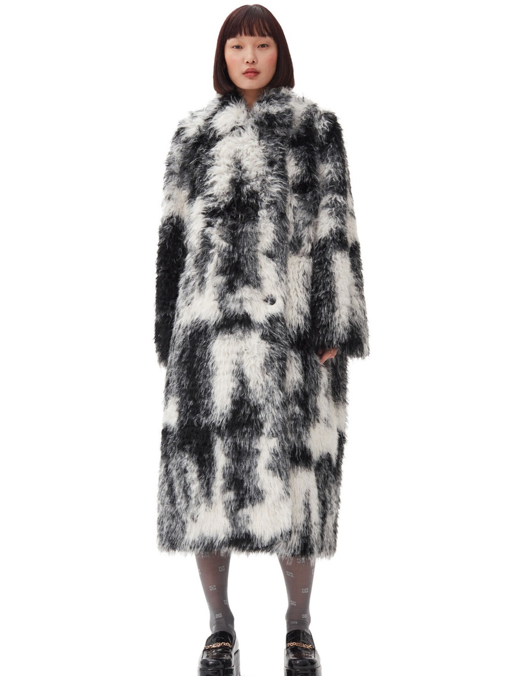 Ganni Black & White Faux Fur Long Coat - Picture 2 of 6